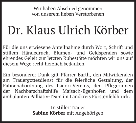 Traueranzeige von Klaus Ulrich Körber von merkurtz