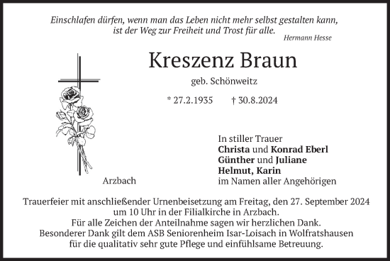 Traueranzeige von Kreszenz Braun von merkurtz