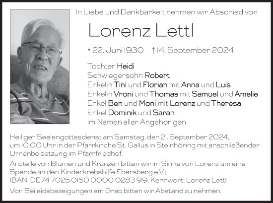 Traueranzeige von Lorenz Lettl von merkurtz