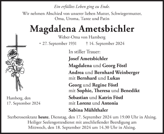 Traueranzeige von Magdalena Ametsbichler von merkurtz