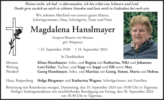 Traueranzeige von Magdalena Hanslmayer von merkurtz