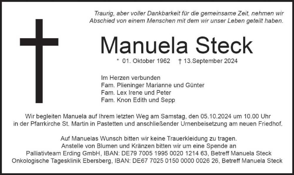  Traueranzeige für Manuela Steck vom 21.09.2024 aus merkurtz