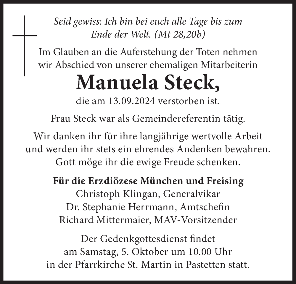  Traueranzeige für Manuela Steck vom 28.09.2024 aus merkurtz