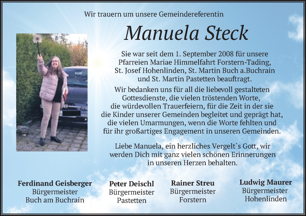  Traueranzeige für Manuela Steck vom 28.09.2024 aus merkurtz