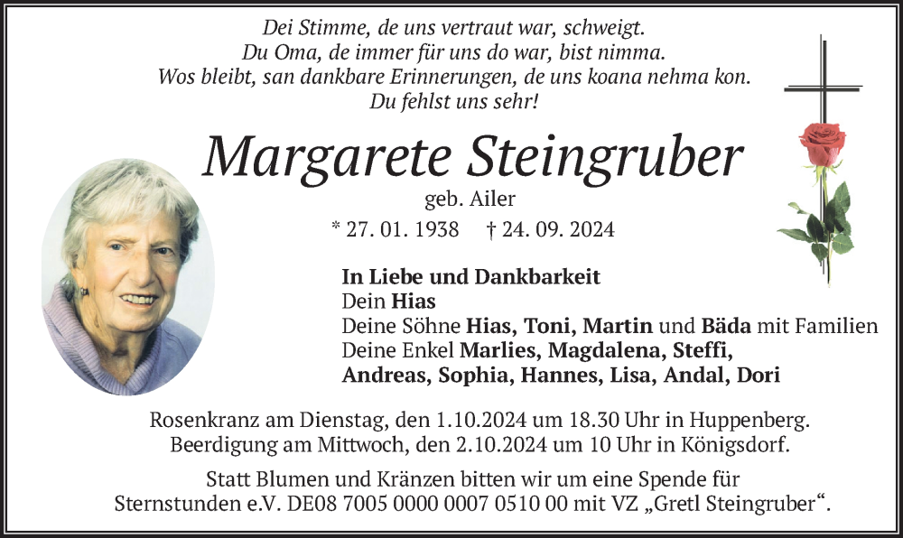  Traueranzeige für Margarete Steingruber vom 28.09.2024 aus merkurtz