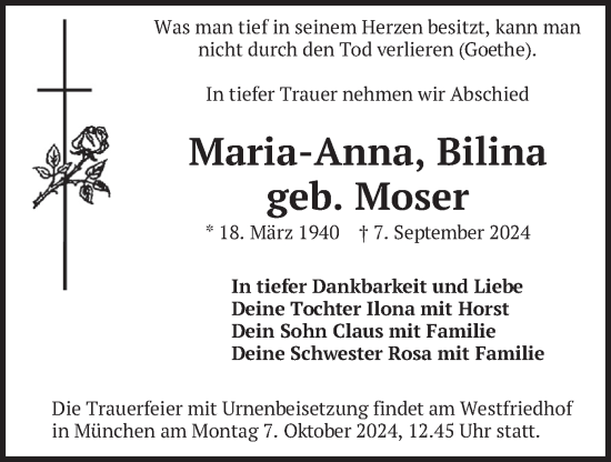 Traueranzeige von Maria-Anna Bilina von merkurtz