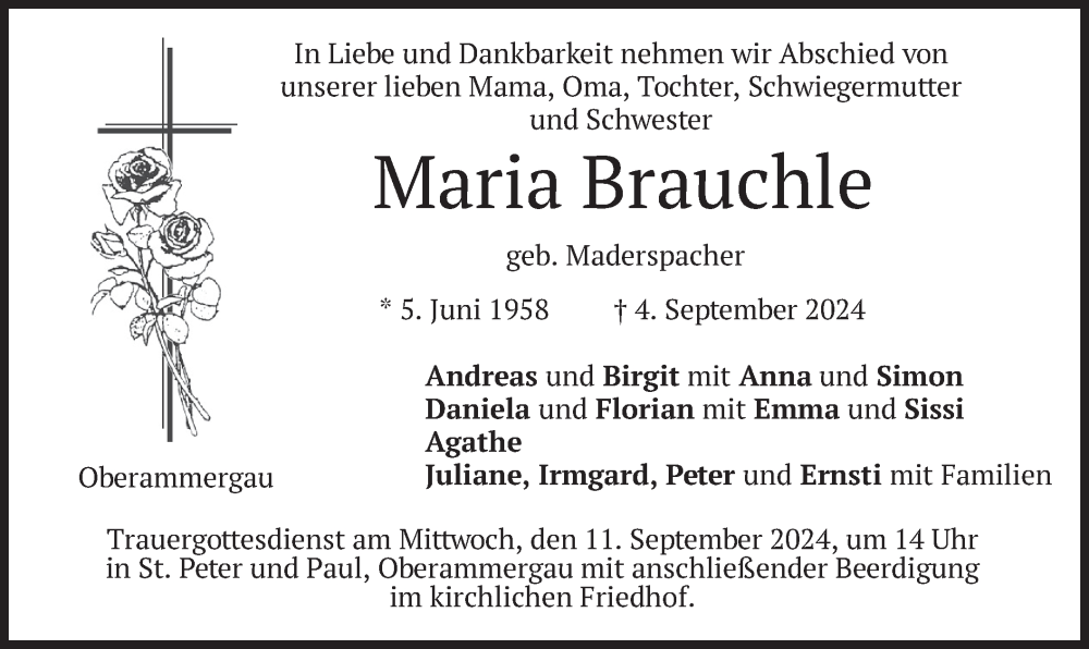  Traueranzeige für Maria Brauchle vom 07.09.2024 aus merkurtz