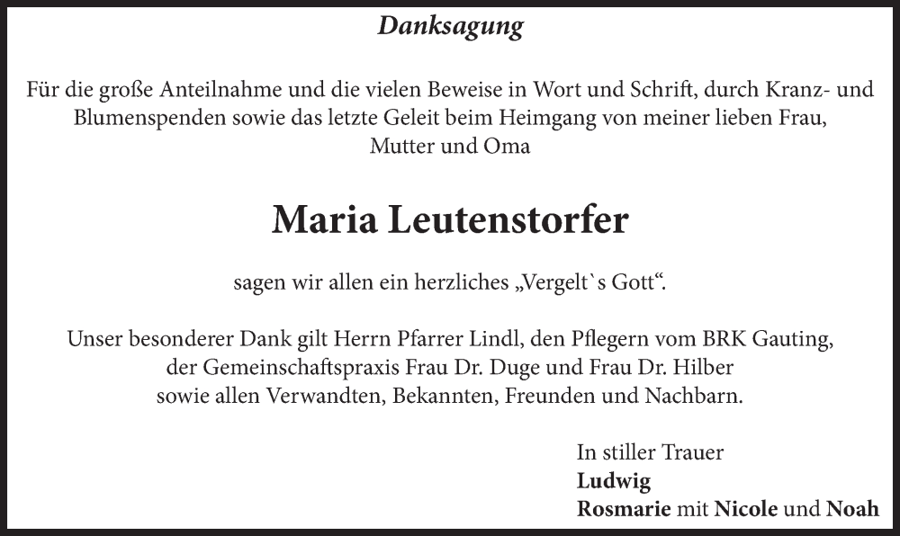  Traueranzeige für Maria Leutenstorfer vom 07.09.2024 aus merkurtz