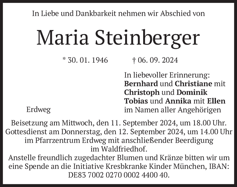  Traueranzeige für Maria Steinberger vom 10.09.2024 aus merkurtz