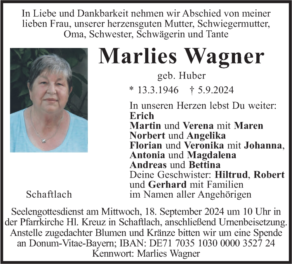  Traueranzeige für Marlies Wagner vom 14.09.2024 aus merkurtz