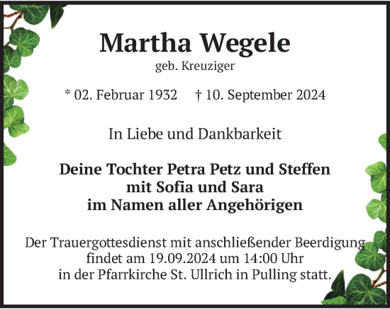 Traueranzeige von Martha Wegele von merkurtz