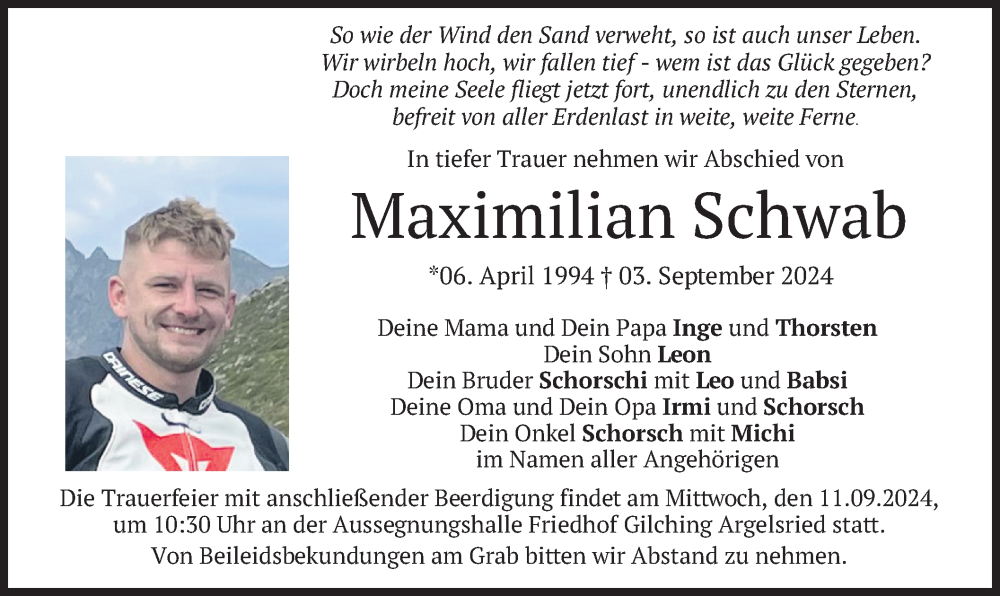  Traueranzeige für Maximilian Schwab vom 07.09.2024 aus merkurtz