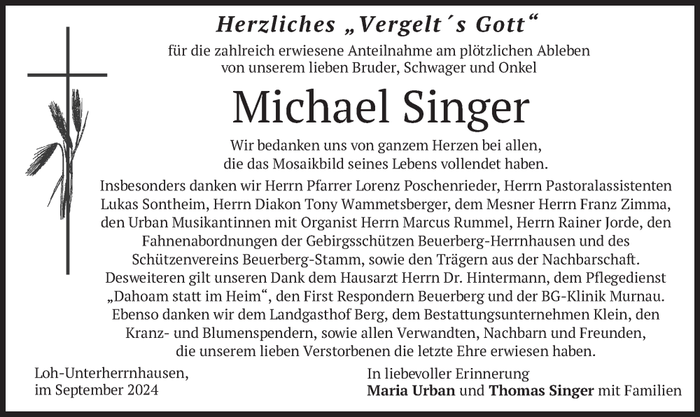  Traueranzeige für Michael Singer vom 14.09.2024 aus merkurtz