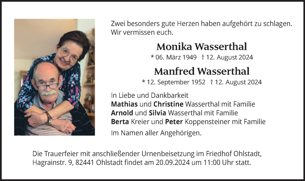  Traueranzeige für Monika und Manfred Wasserthal vom 14.09.2024 aus merkurtz