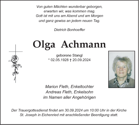 Traueranzeige von Olga Achmann von merkurtz