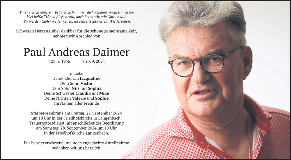  Traueranzeige für Paul Andreas Daimer vom 24.09.2024 aus merkurtz