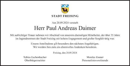 Traueranzeige von Paul Andreas Daimer von merkurtz