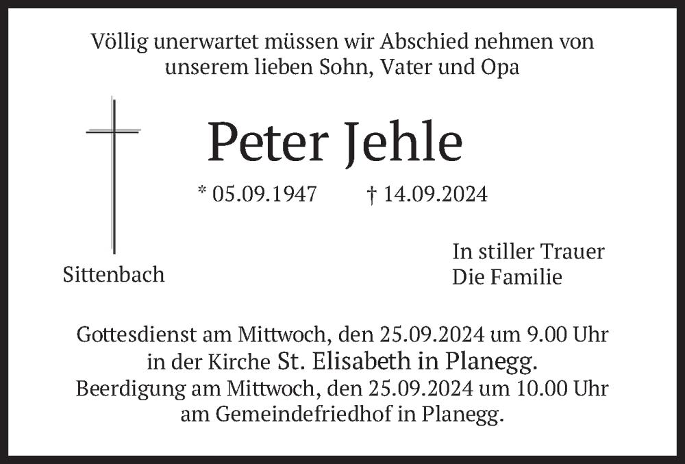  Traueranzeige für Peter Jehle vom 19.09.2024 aus merkurtz