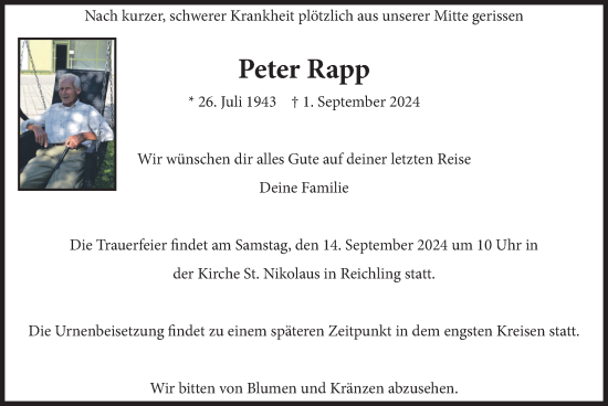 Traueranzeige von Peter Rapp von merkurtz