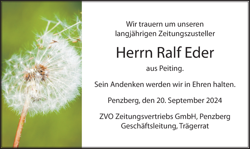  Traueranzeige für Ralf Eder vom 20.09.2024 aus merkurtz