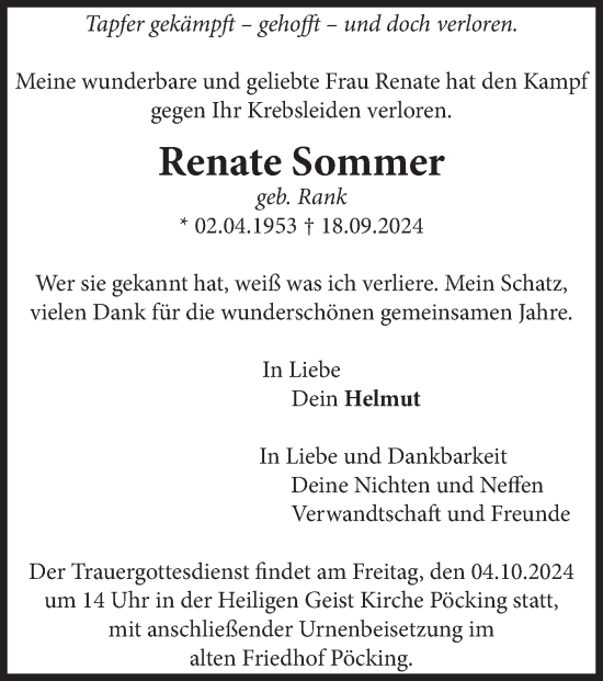 Traueranzeige von Renate Sommer von merkurtz