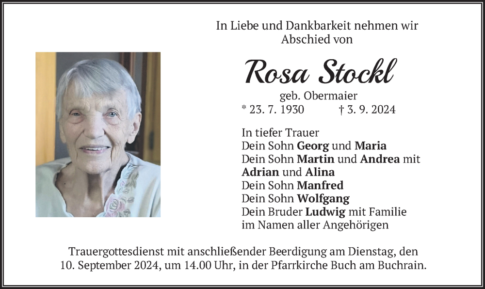  Traueranzeige für Rosa Stockl vom 07.09.2024 aus merkurtz