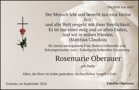 Traueranzeige von Rosemarie Oberauer von merkurtz