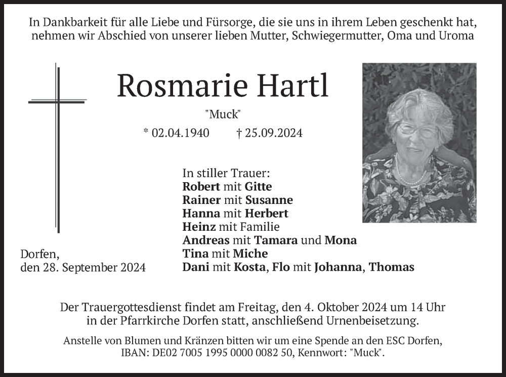  Traueranzeige für Rosmarie Hartl vom 28.09.2024 aus merkurtz