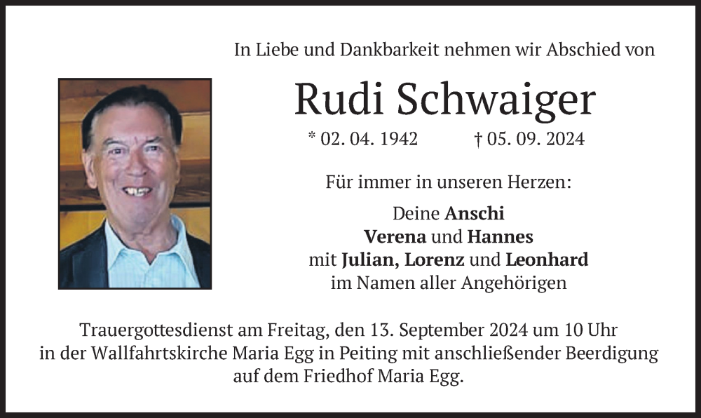  Traueranzeige für Rudi Schwaiger vom 10.09.2024 aus merkurtz