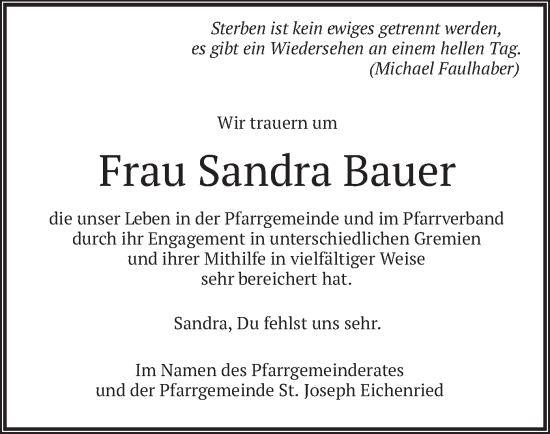 Traueranzeige von Sandra Bauer von merkurtz