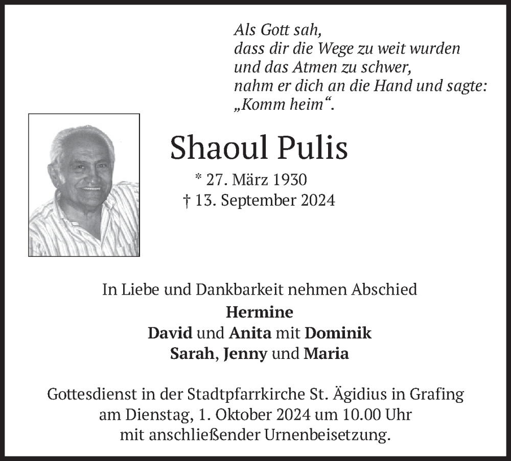  Traueranzeige für Shaoul Pulis vom 21.09.2024 aus merkurtz