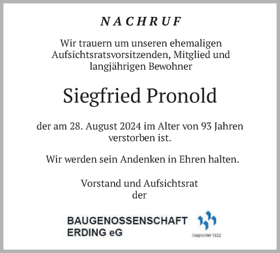 Traueranzeige von Siegfried Pronold von merkurtz