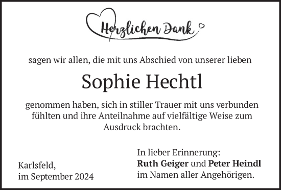 Traueranzeige von Sophie Hechtl von merkurtz