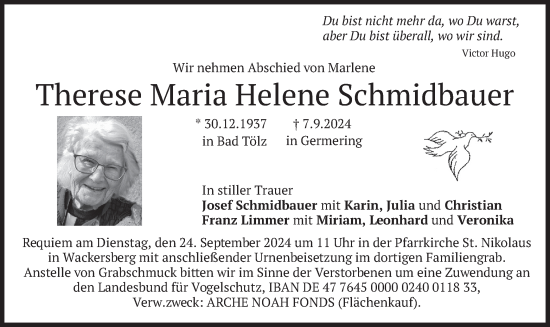 Traueranzeige von Therese Maria Helene Schmidbauer von merkurtz