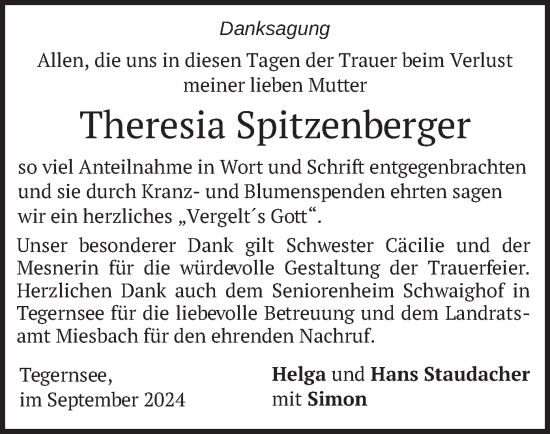 Traueranzeige von Theresia Spitzenberger von merkurtz