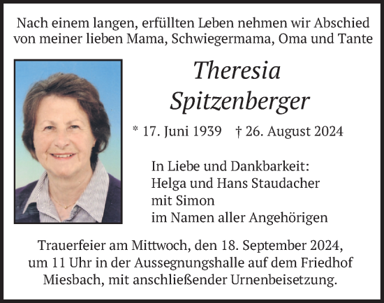 Traueranzeige von Theresia Spitzenberger von merkurtz