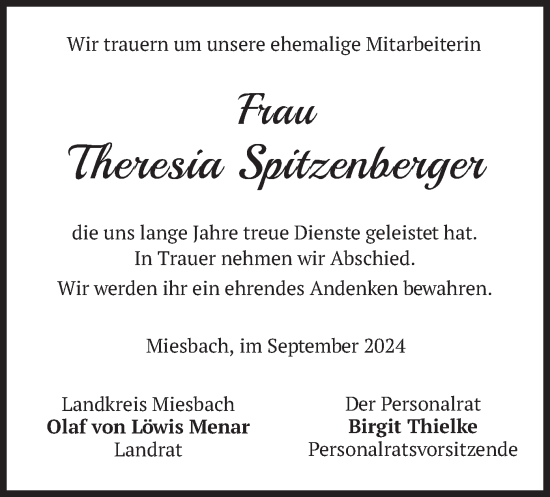 Traueranzeige von Theresia Spitzenberger von merkurtz