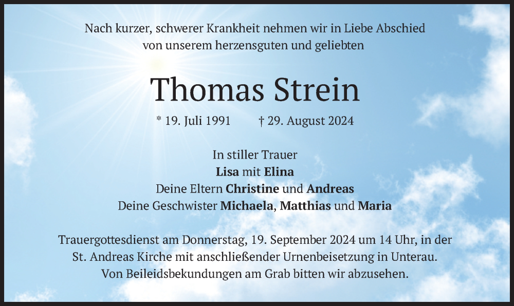  Traueranzeige für Thomas Strein vom 17.09.2024 aus merkurtz