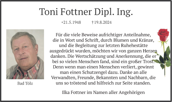 Traueranzeige von Toni Fottner von merkurtz
