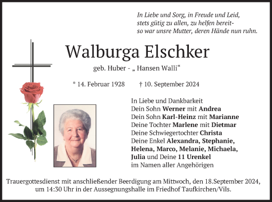 Traueranzeige von Walburga Elschker von merkurtz