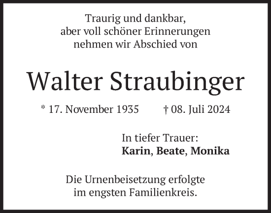 Traueranzeige von Walter Straubinger von merkurtz