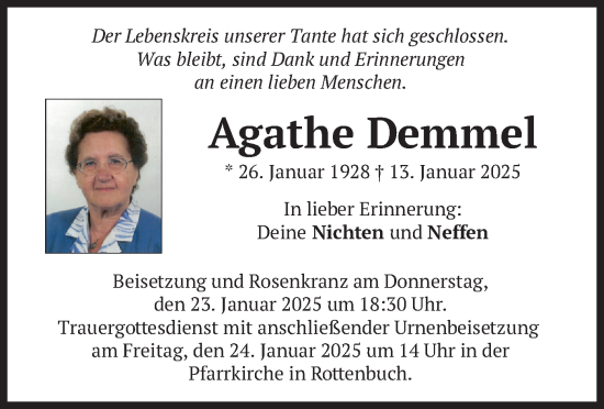 Traueranzeige von Agathe Demmel von merkurtz