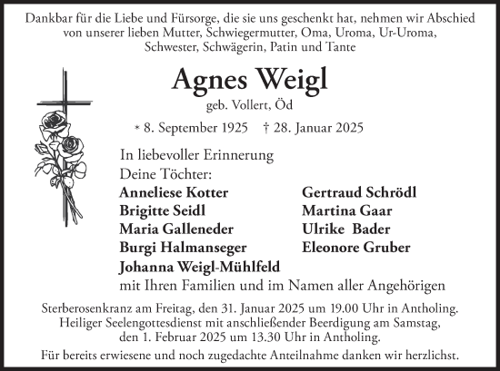 Traueranzeige von Agnes Weigl von merkurtz