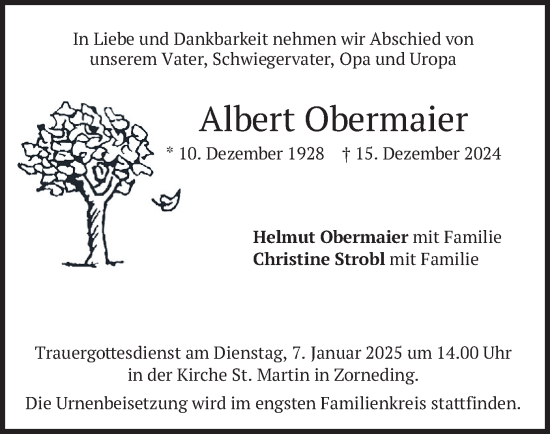 Traueranzeige von Albert Obermaier von merkurtz