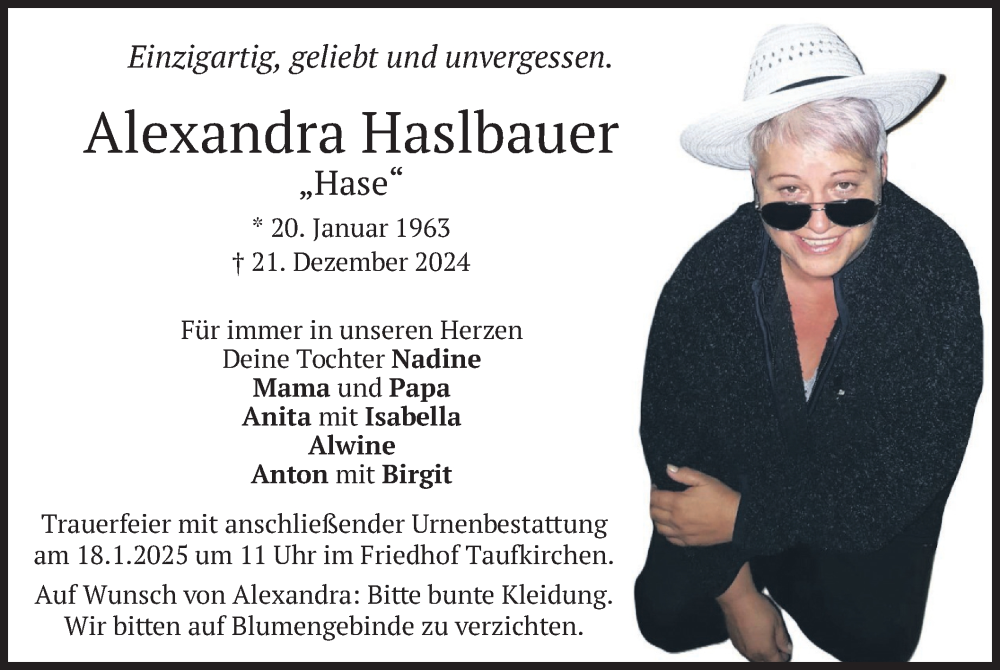  Traueranzeige für Alexandra Haslbauer vom 11.01.2025 aus merkurtz