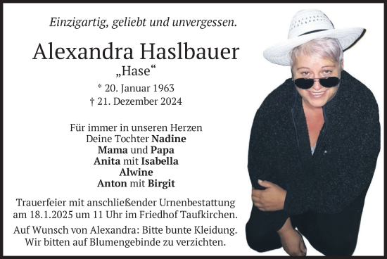 Traueranzeige von Alexandra Haslbauer von merkurtz