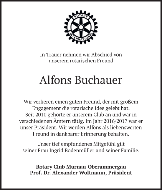 Traueranzeige von Alfons Buchauer von merkurtz