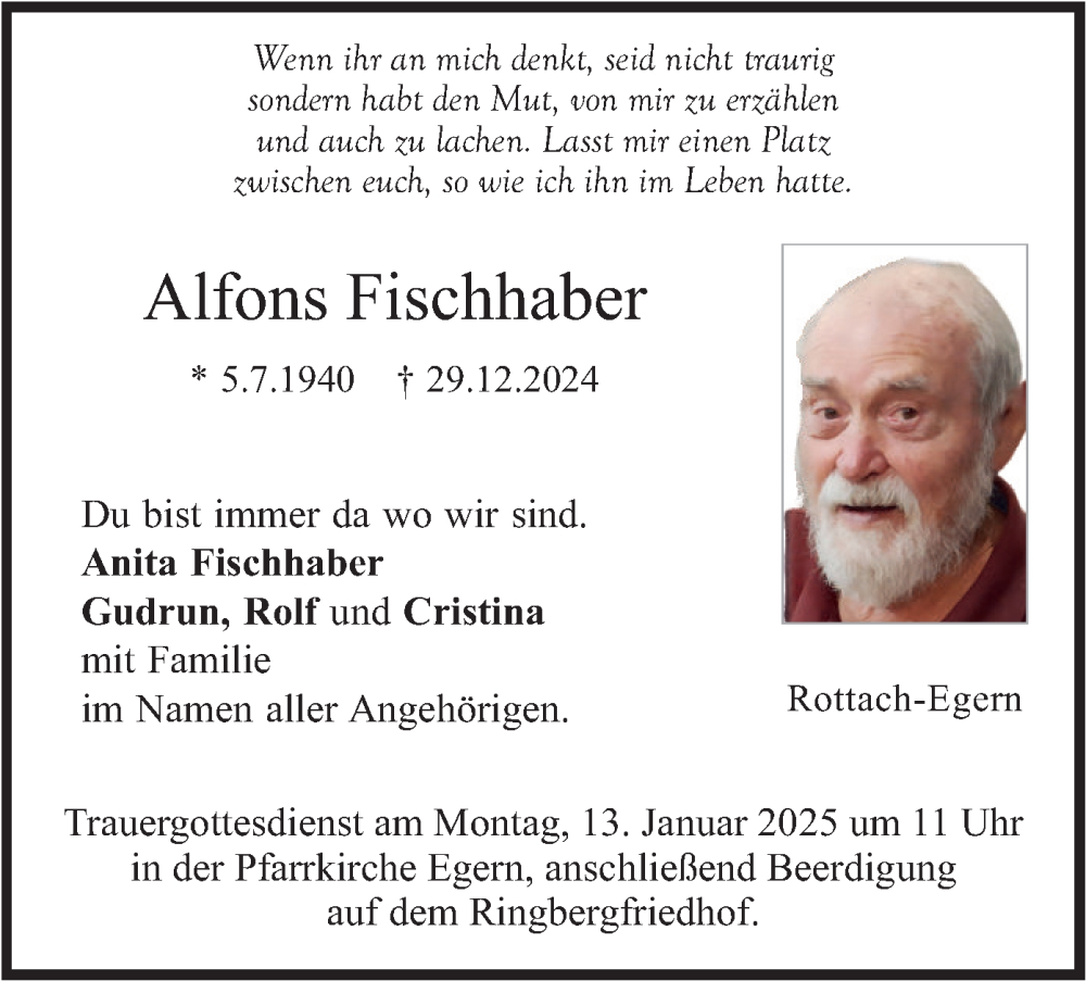  Traueranzeige für Alfons Fischhaber vom 04.01.2025 aus merkurtz