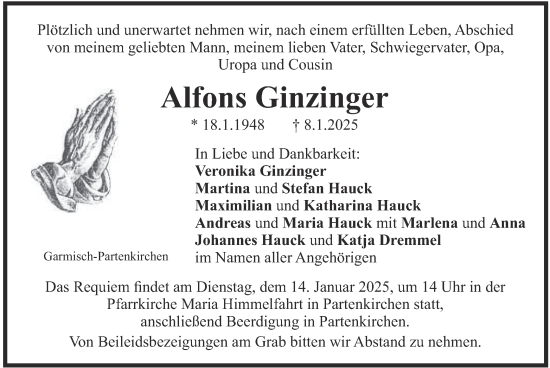 Traueranzeige von Alfons Ginzinger von merkurtz