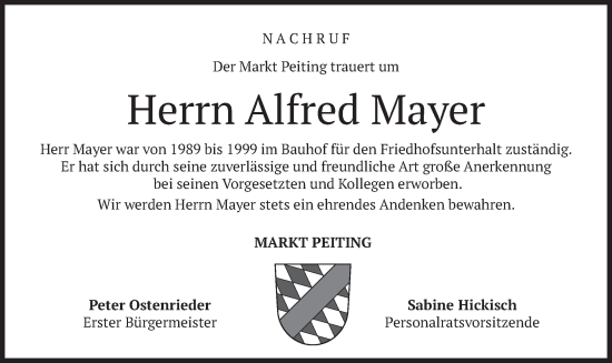 Traueranzeige von Alfred Mayer von merkurtz